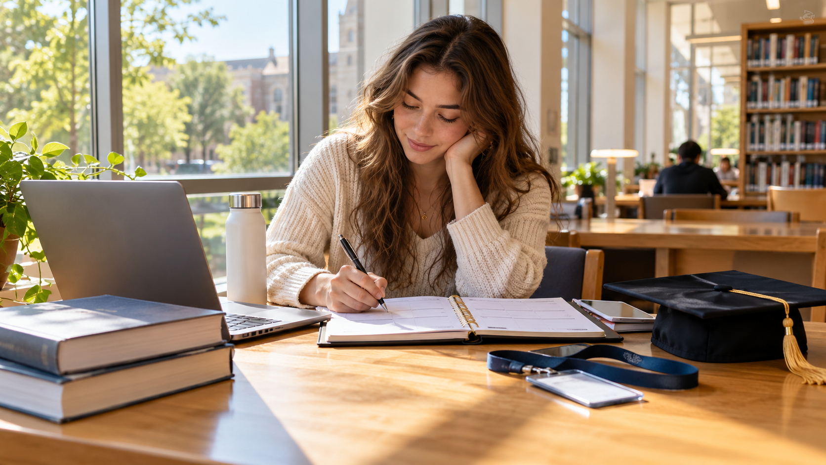 College student planning coursework and internship commitments at a library desk with a graduation cap nearby.