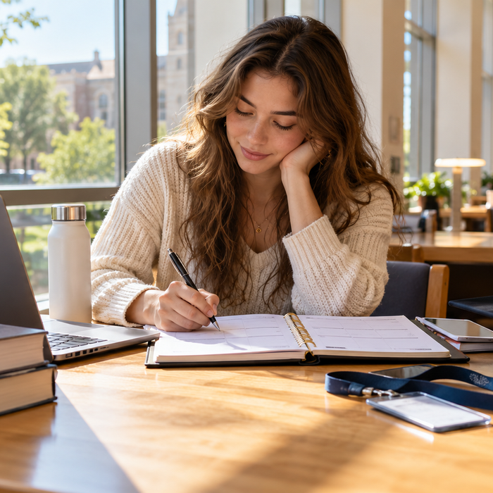 College student planning coursework and internship commitments at a library desk with a graduation cap nearby.