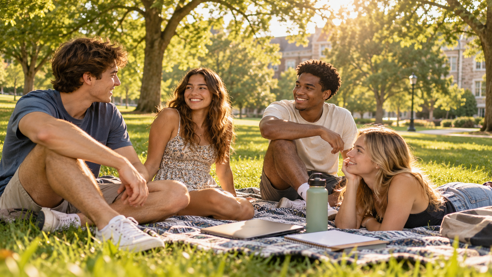 College friends relaxing together on a campus lawn during summer break.