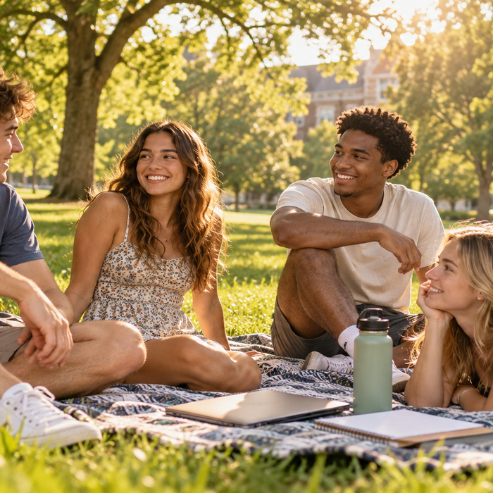 College friends relaxing together on a campus lawn during summer break.
