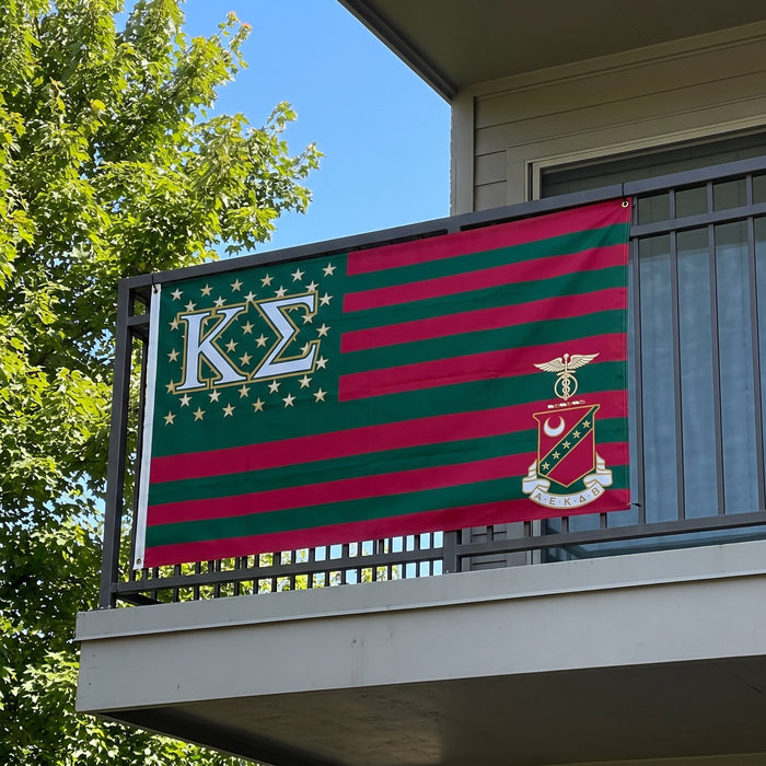 Kappa Sigma Flags and Banners — hanging on an apartment balcony