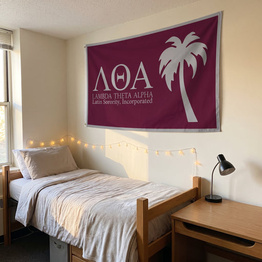 Lambda Theta Alpha Flags and Banners — hanging on a dorm room wall