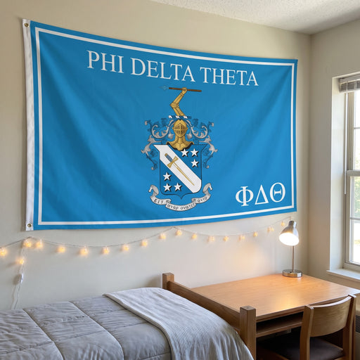 Phi Delta Theta Flags and Banners — hanging on a dorm room wall