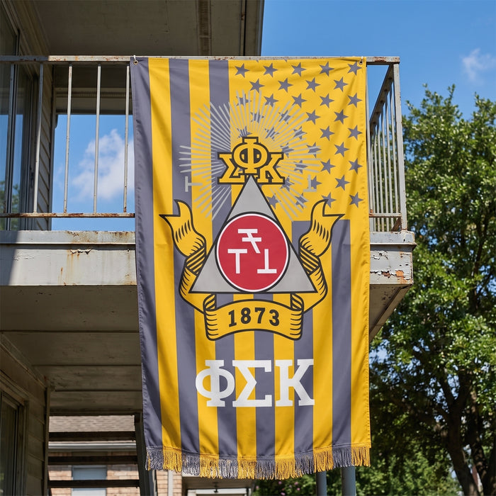 Phi Sigma Kappa Flags and Banners — hanging on an apartment balcony