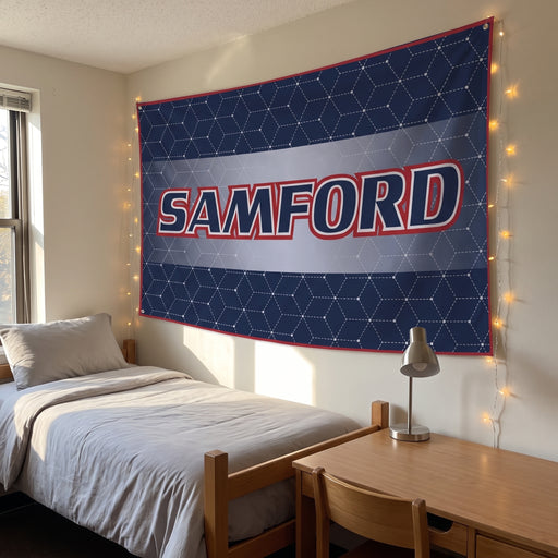 Samford University Flags and Banners — hanging on a dorm room wall