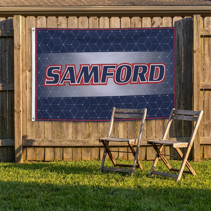 Samford University Flags and Banners — on a backyard fence