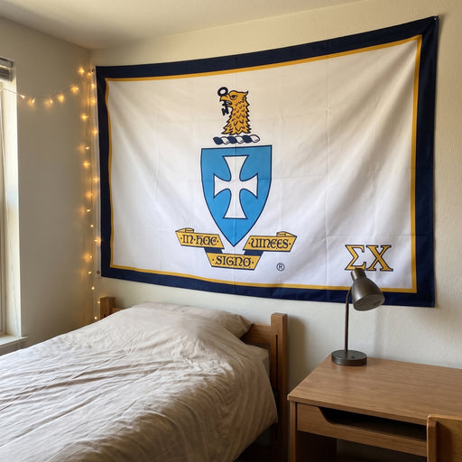 Sigma Chi Flags and Banners — hanging on a dorm room wall