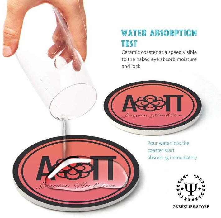 Alpha Omicron Pi Absorbent Ceramic Coasters with Holder (Set of 8) - greeklife.store